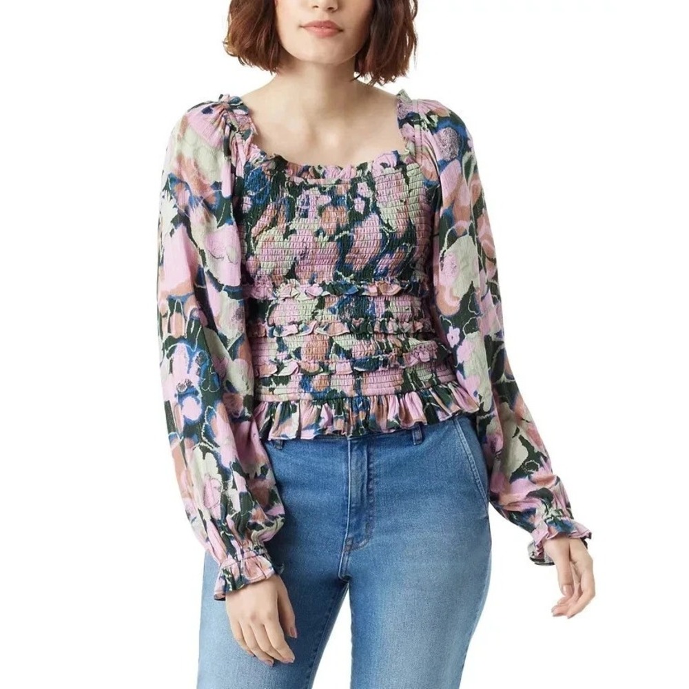 NEW Sam Edelman Floral Smocked Top square neck Ruffle balloon BOHO Cottage SM